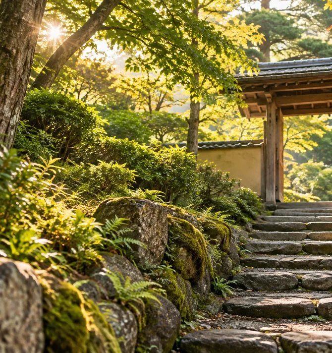 Stone steps beneath trees in a conceptual Japanese garden scene